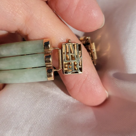 Triple Row Real Jade 14k Solid Gold Bracelet - Picture 3 of 6